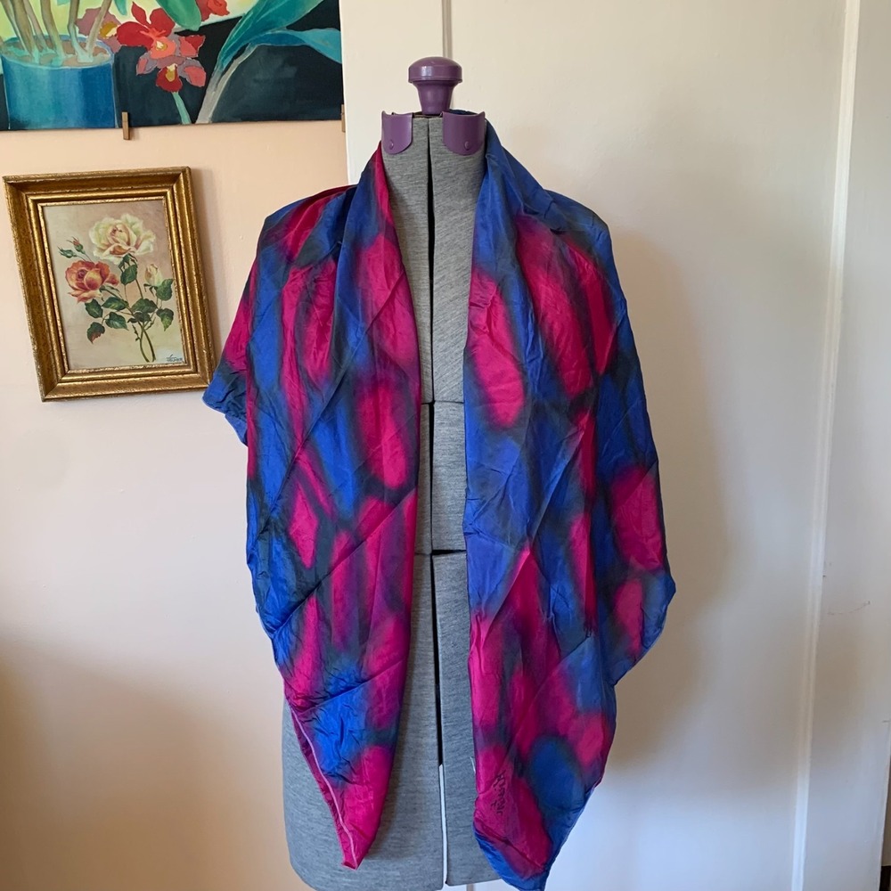 Vintage Kirsten Tie Dye Silk Scarf Pink Blue Abstract Rectangle Wrap